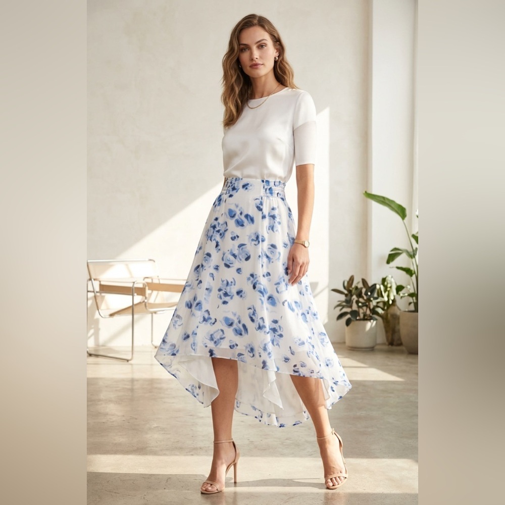 Club Monaco Handkerchief Skirt White Blue Floral Print Flowy Asymmetrical Hem